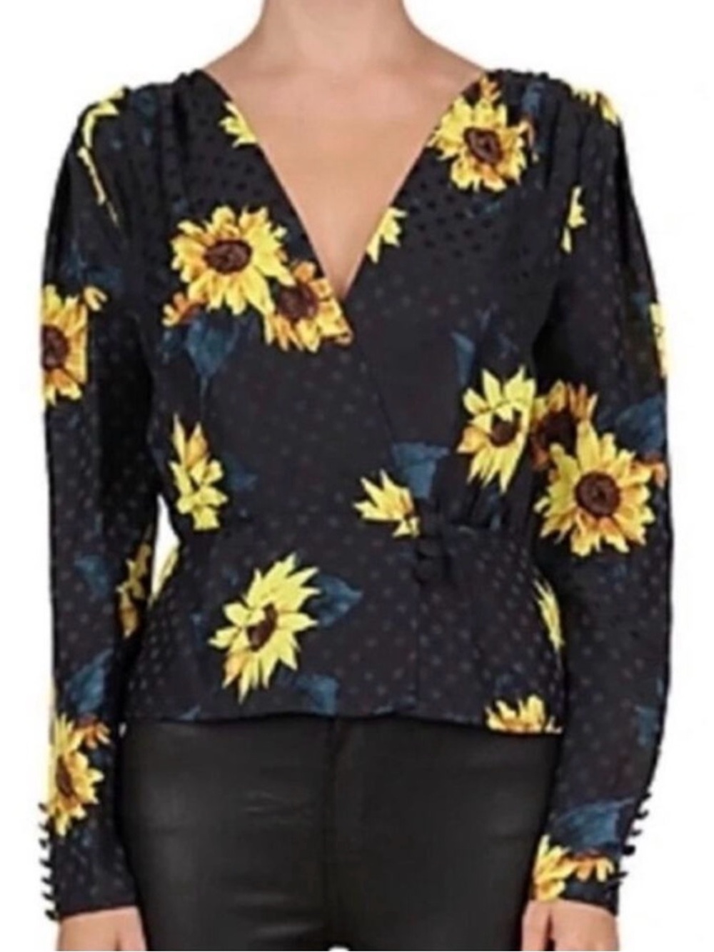 The Kooples Sunflower Print Wrap Blouse - Yellow on Black NWT